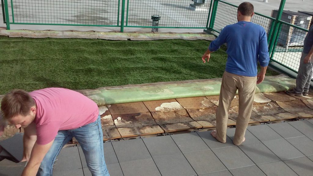 The original test installation used waterproof medium density fiberboard panels (Medex) as an underlayment to support the synthetic turf.
